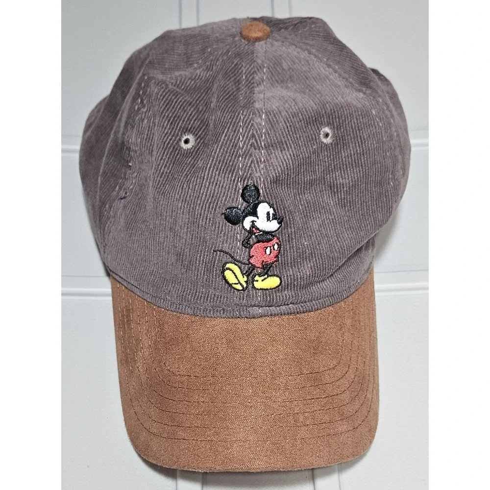 Disney Mickey Mouse Hat OSFA Gray Corduroy Brown Faux Suede Adjustable Dad Cap